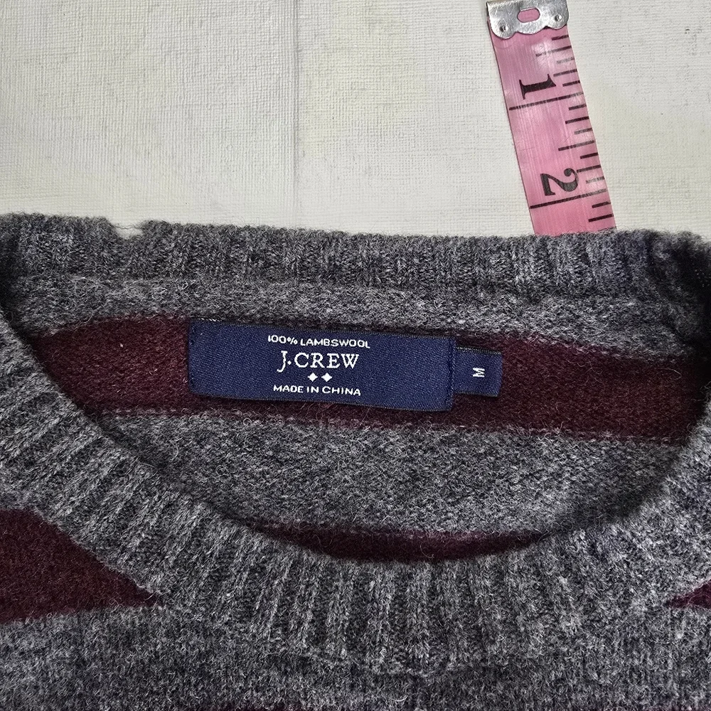 Striped Maroon and Gray Men's J.Crew Lambs Wool Sweater. Size Medium